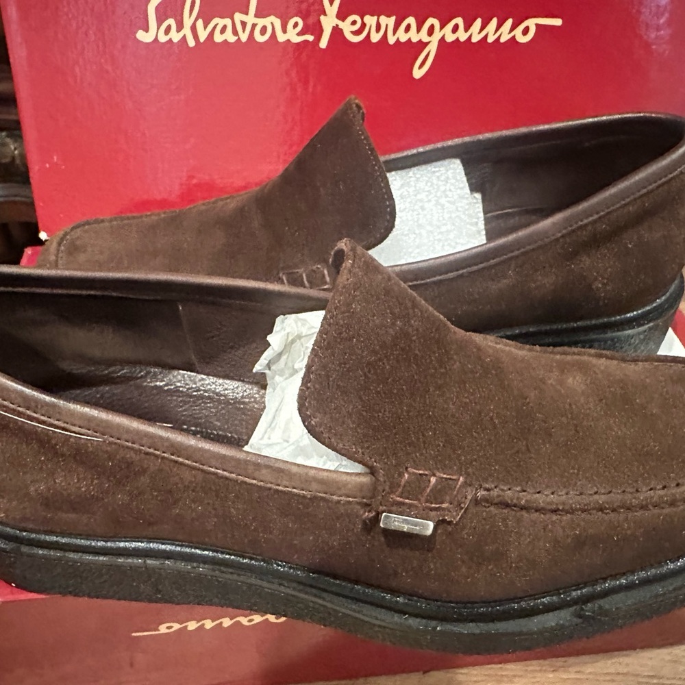 Salvatore Ferragamo Brown Suede Slip-On Loafers